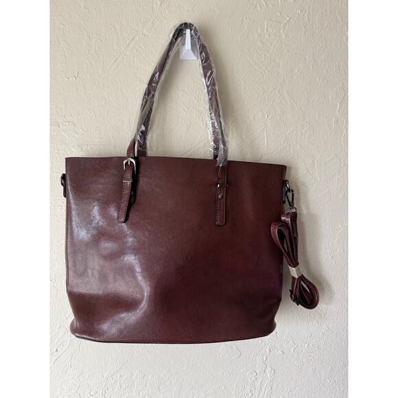 NWOT Faux Leather Tote with Removable Long Strap in Wine - Picture 6 of 9